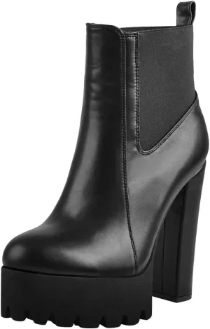 Richealnana Women's Elastic Platform Boots Round Toe Chunky High Heel Pull on Ankle Booties