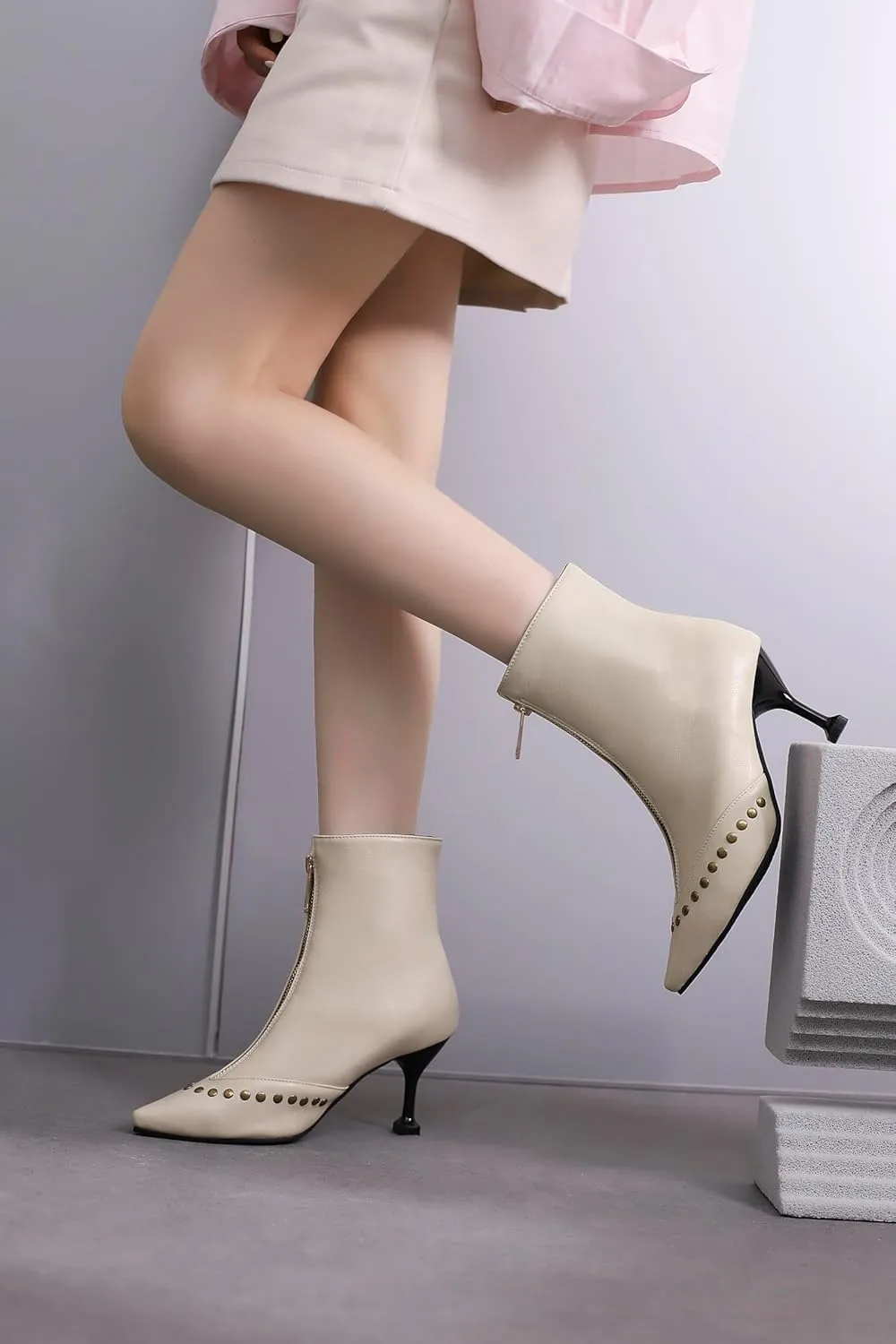 Rivet Studded Ankle Boots Stiletto High Heels Front Zipper Snakeskin Booties