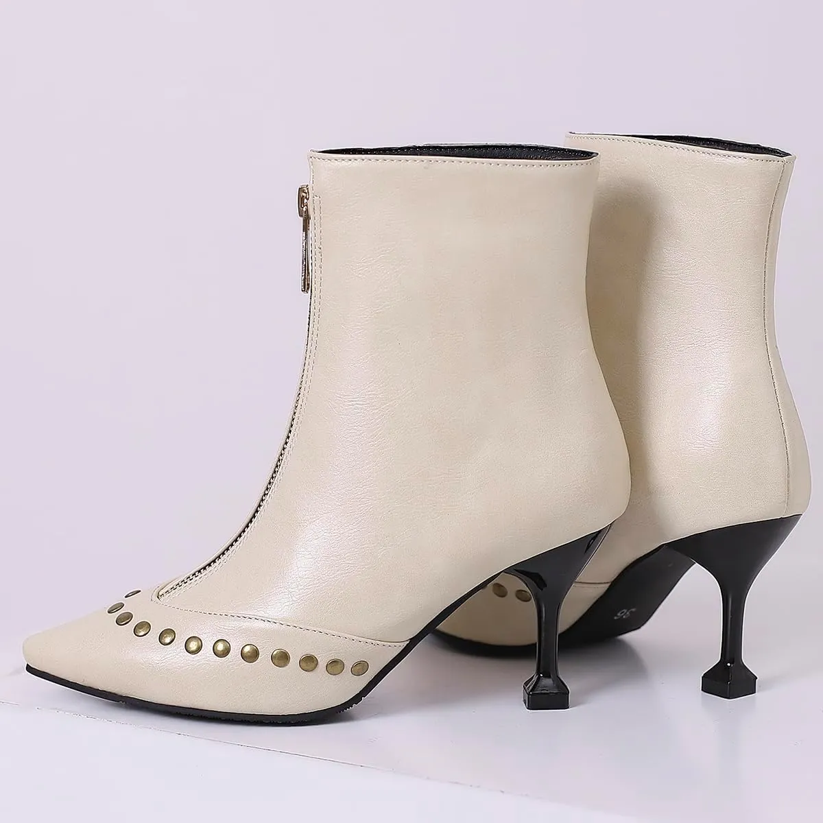 Rivet Studded Ankle Boots Stiletto High Heels Front Zipper Snakeskin Booties