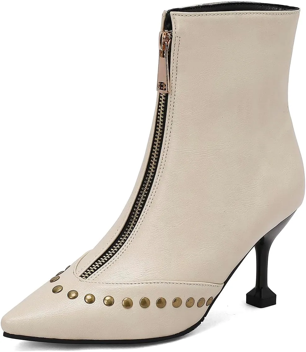 Rivet Studded Ankle Boots Stiletto High Heels Front Zipper Snakeskin Booties