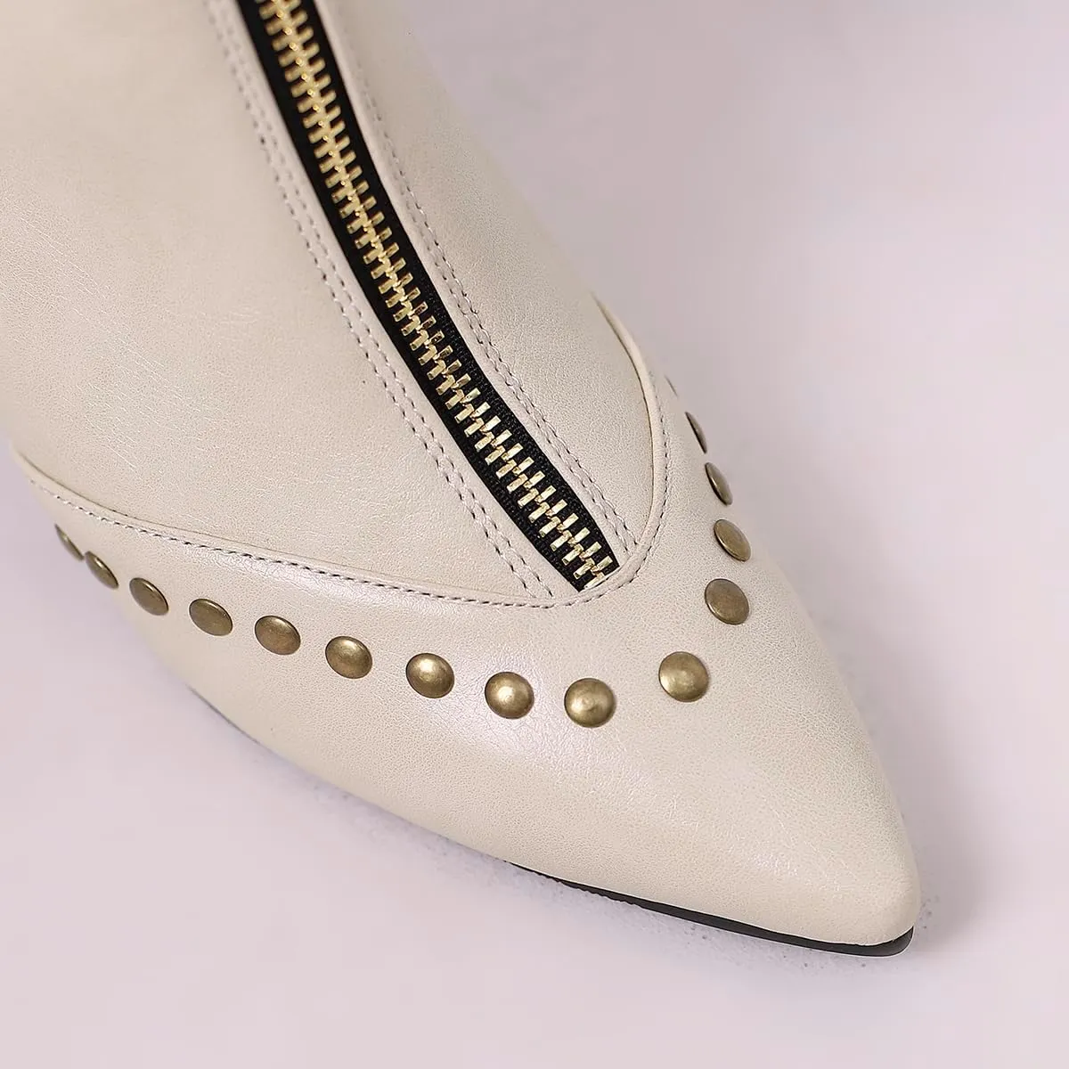 Rivet Studded Ankle Boots Stiletto High Heels Front Zipper Snakeskin Booties