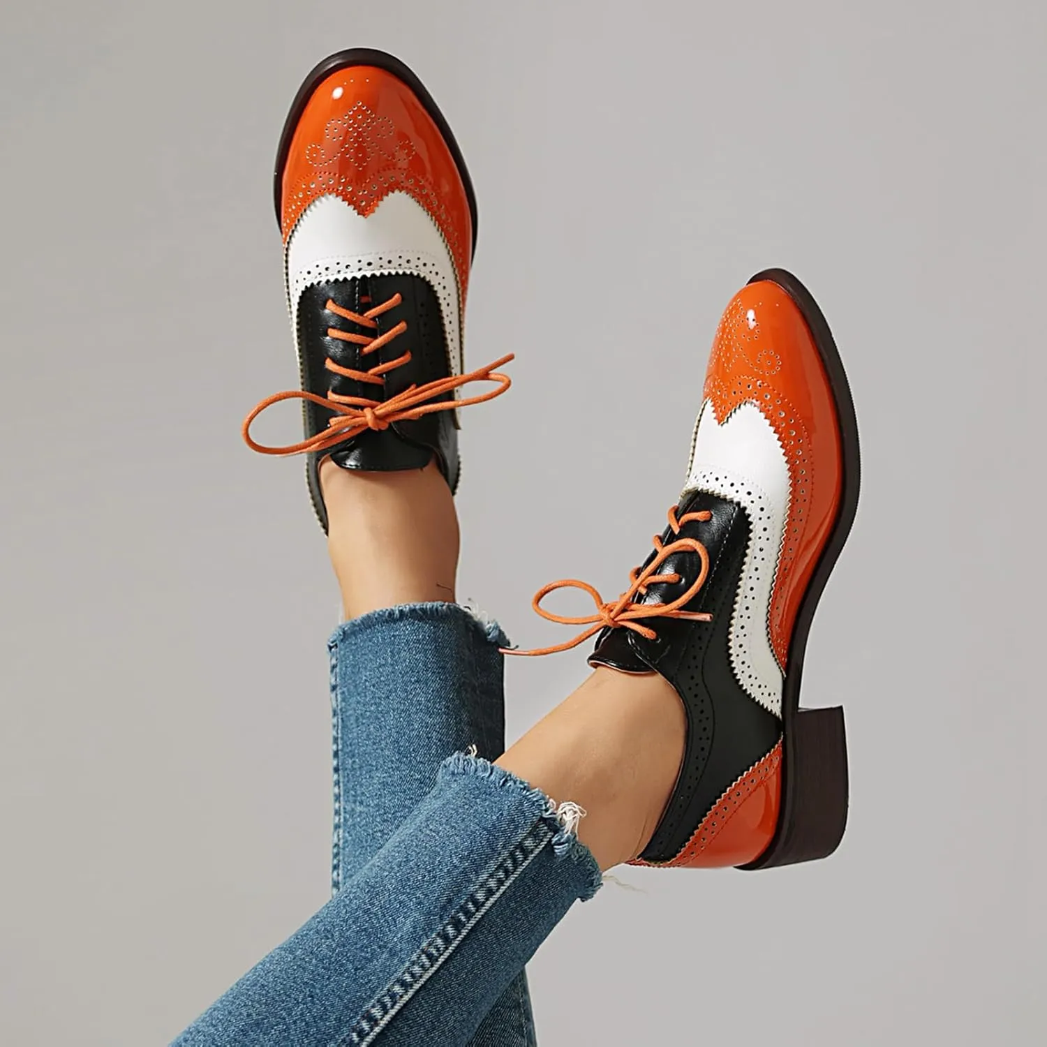 Scaoruki Leisure Oxford Shoes Women Two Tone Wingtip Brogue Shoes