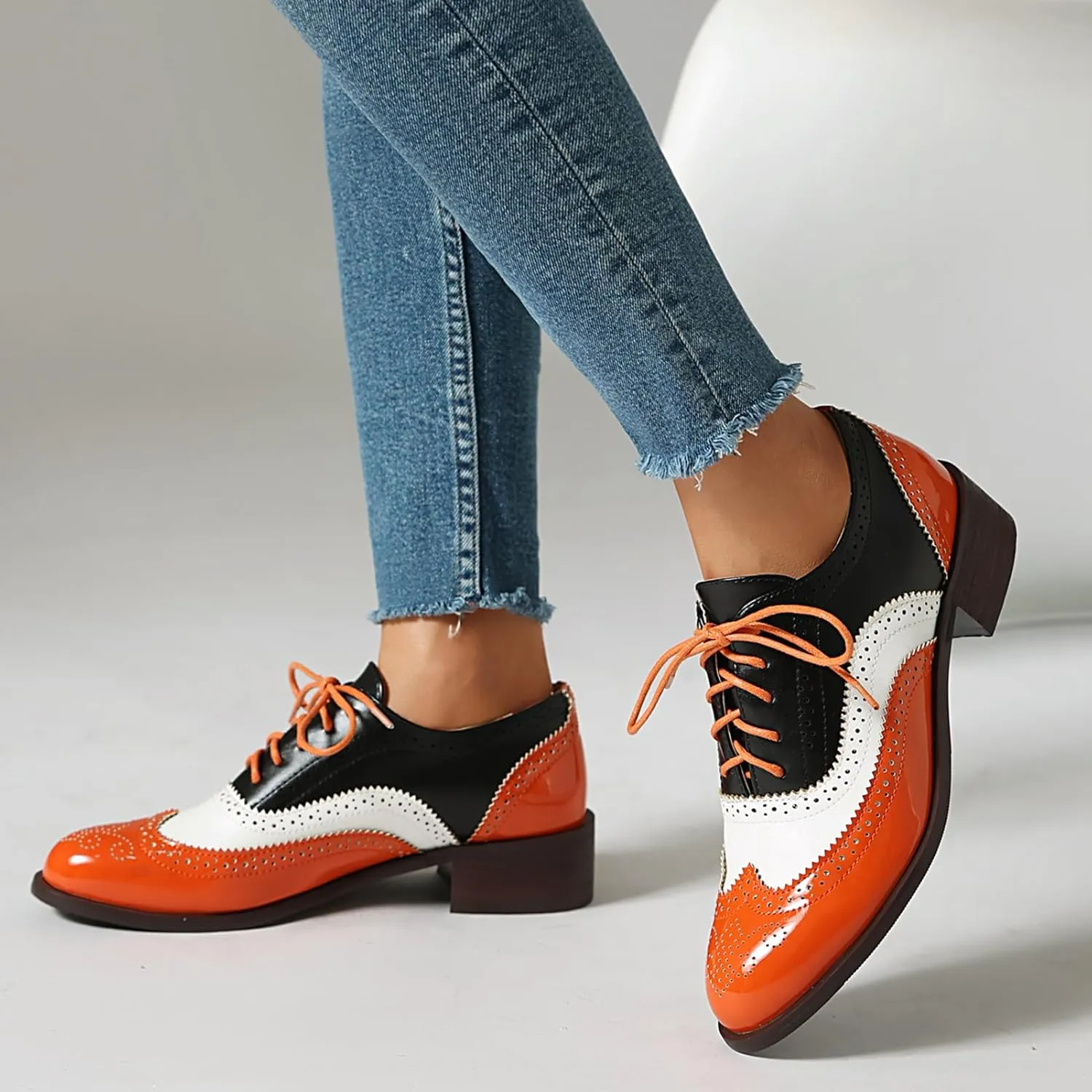 Scaoruki Leisure Oxford Shoes Women Two Tone Wingtip Brogue Shoes