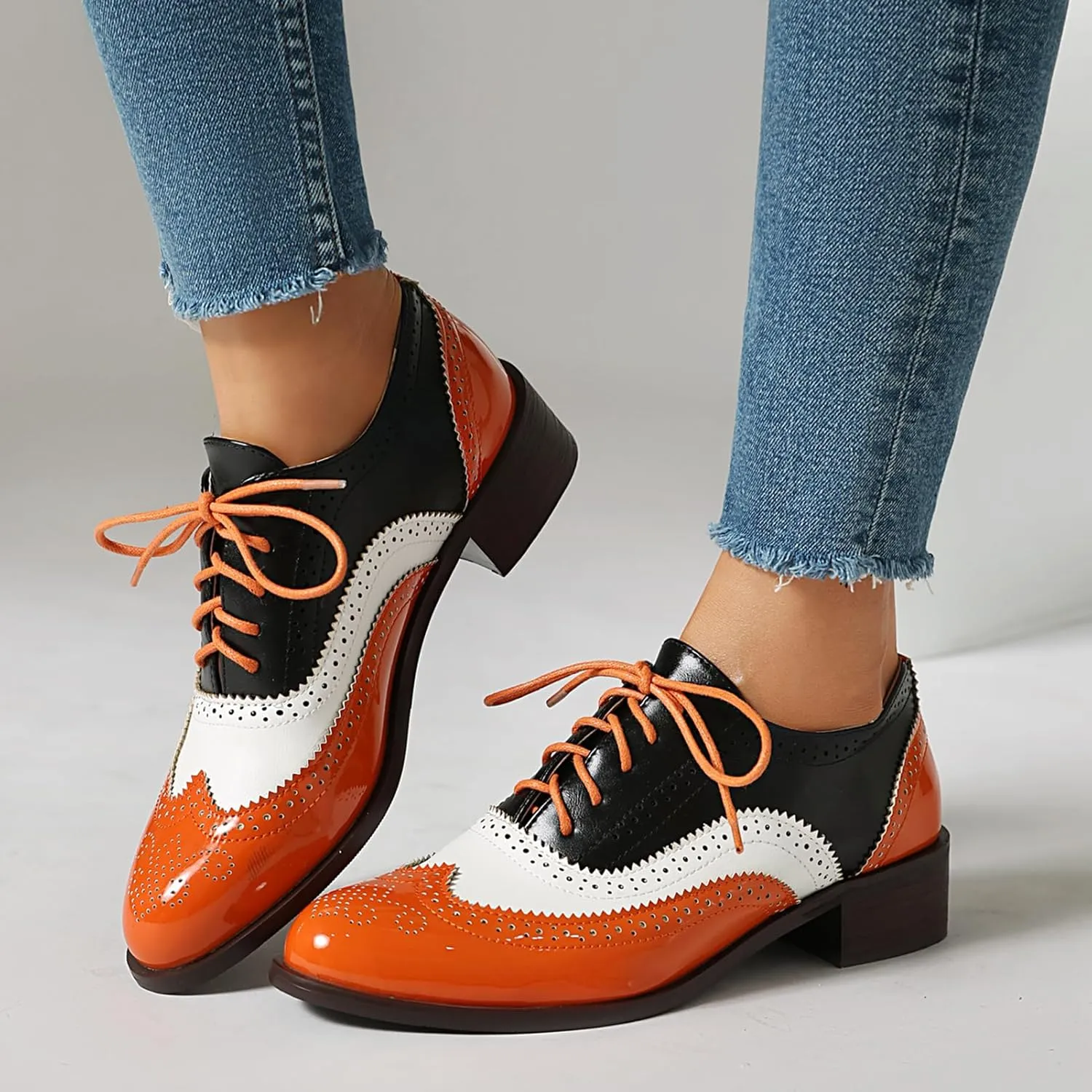 Scaoruki Leisure Oxford Shoes Women Two Tone Wingtip Brogue Shoes