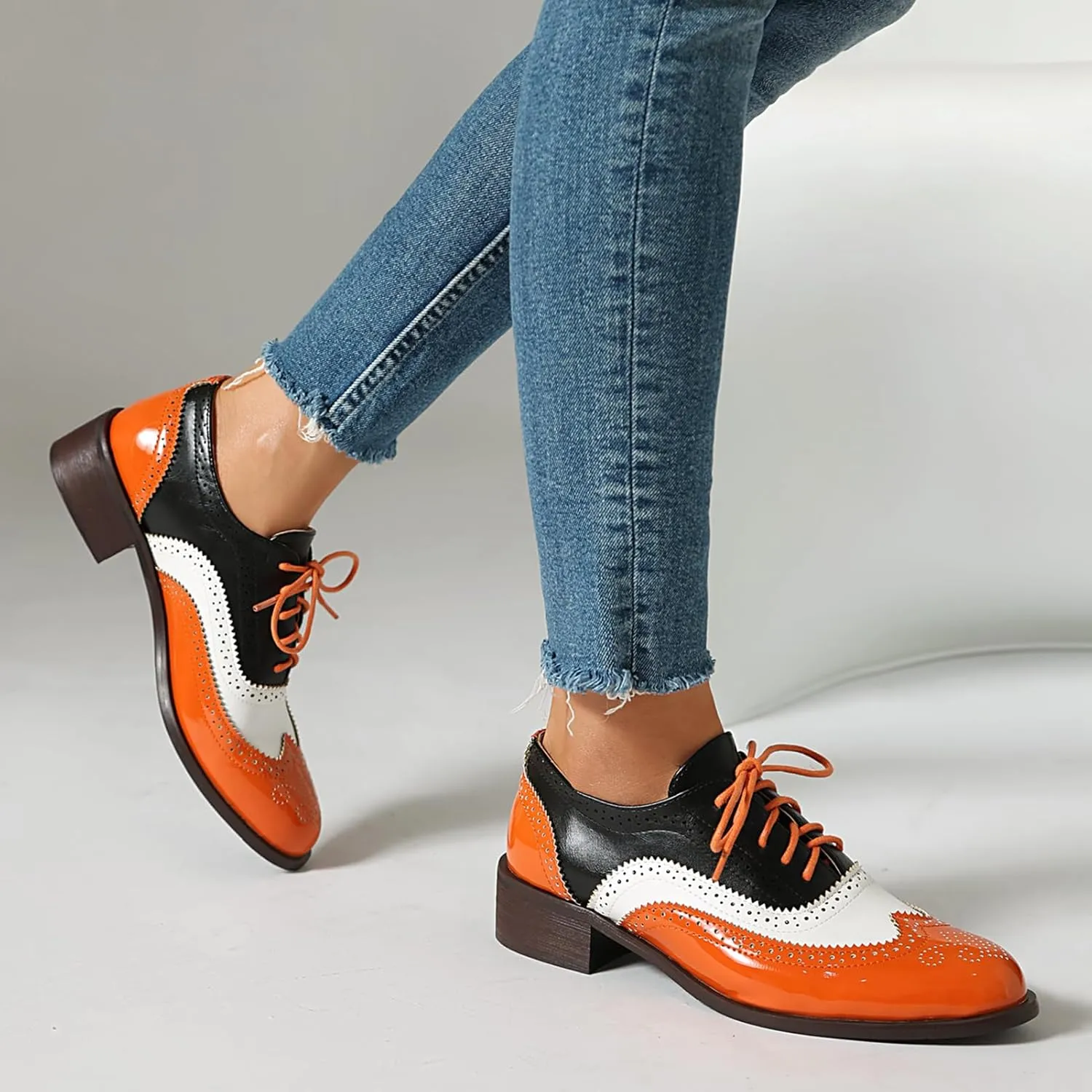 Scaoruki Leisure Oxford Shoes Women Two Tone Wingtip Brogue Shoes
