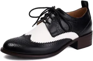Seborluys Lace-up Wingtips Oxford Shoes for Womens Vintage Multicolor Leather Chunky Heels Two Tone Perforated Saddle Pumps Shoe Low Heel Oxfords Brogues