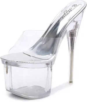 Sexy Transparent Platform Stiletto High Heels for Women Clear Crystal Heel Peep Toe Sandals Slide On Heeled Mule Shoes Catwalk Pole Dancing Nightclub Dress Shoes,White,8.5