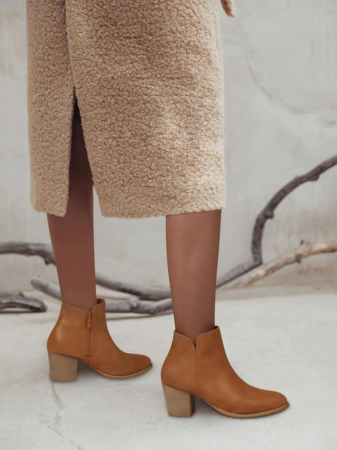 SHIBEVER Women's Ankle Boots Heel: Chunky Low Heeled Almond Toe Short Booties with Zipper Faux Suede Dress Western Fall 2025 Shoes