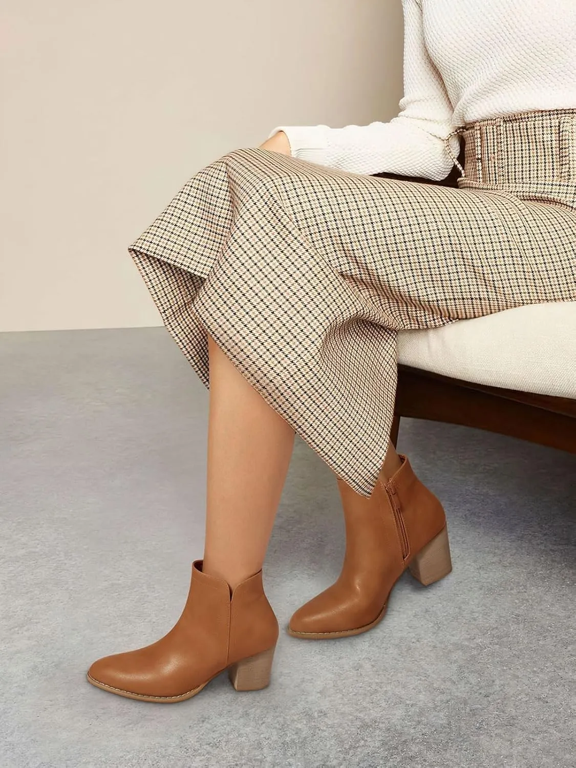 SHIBEVER Women's Ankle Boots Heel: Chunky Low Heeled Almond Toe Short Booties with Zipper Faux Suede Dress Western Fall 2025 Shoes