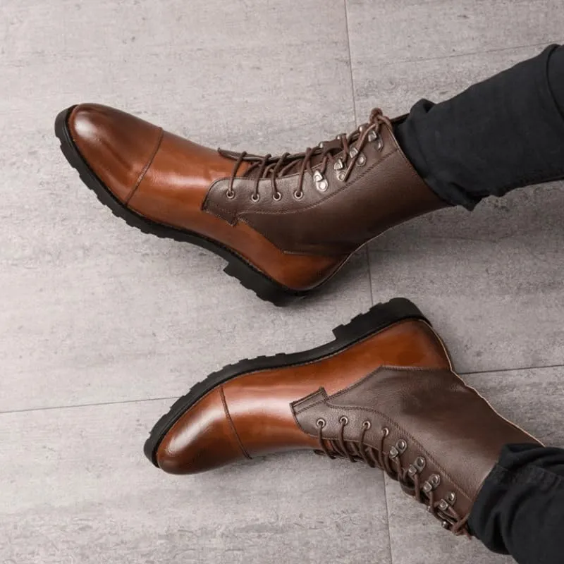 Shoes Men's Personalized Brown Stitching Lace-up Leather Boots Oxford Shoes(10)