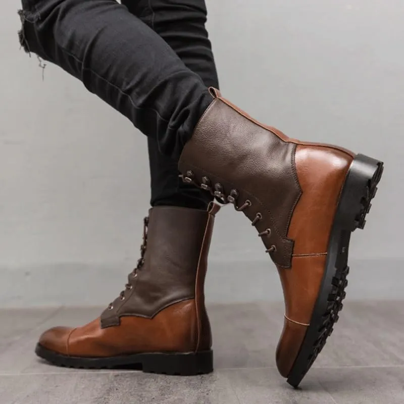 Shoes Men's Personalized Brown Stitching Lace-up Leather Boots Oxford Shoes(10)