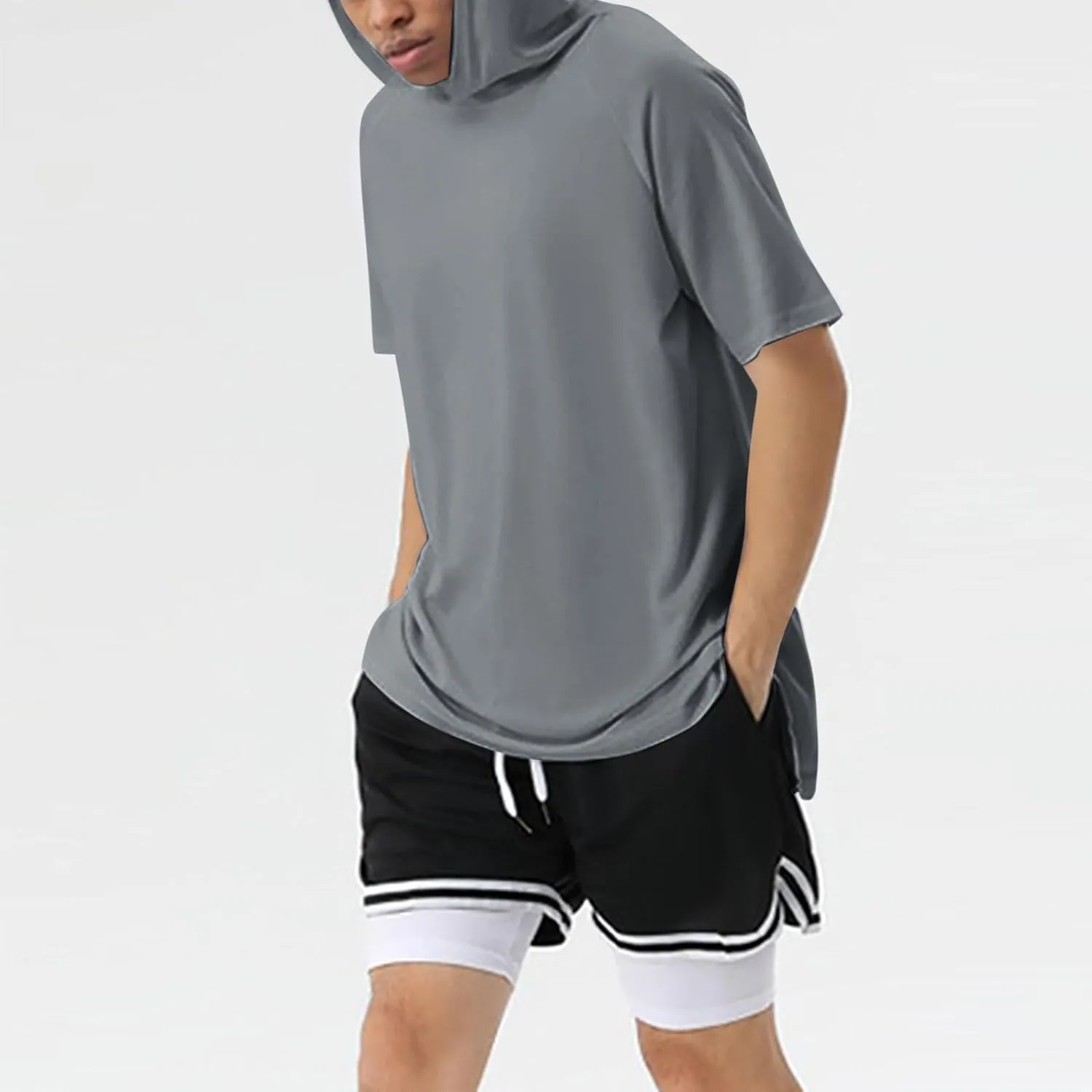 Short Sleeve Hoodies for Men Loose Fit Workout Quick Dry Moisture Wicking Mesh Athletic Lightweight Hooded T-Shirt Plain