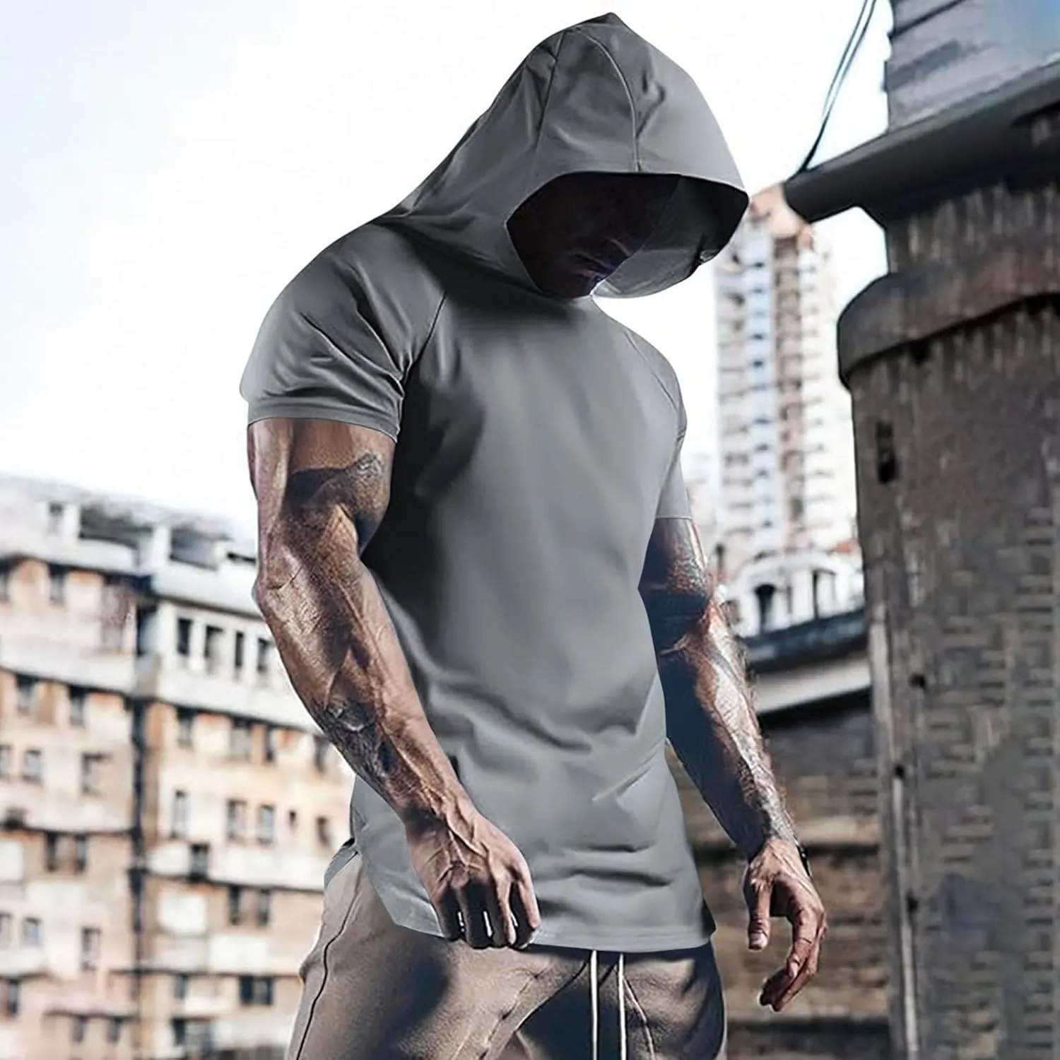 Short Sleeve Hoodies for Men Loose Fit Workout Quick Dry Moisture Wicking Mesh Athletic Lightweight Hooded T-Shirt Plain