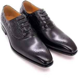 Single Season Formal Dress Shoes for Men Lace Up Brogue Embossed Crocodile Embossed Square Toe Cowhide Block Heel Anti-Slip Resistant Non Slip Prom Very Popular Among Young People