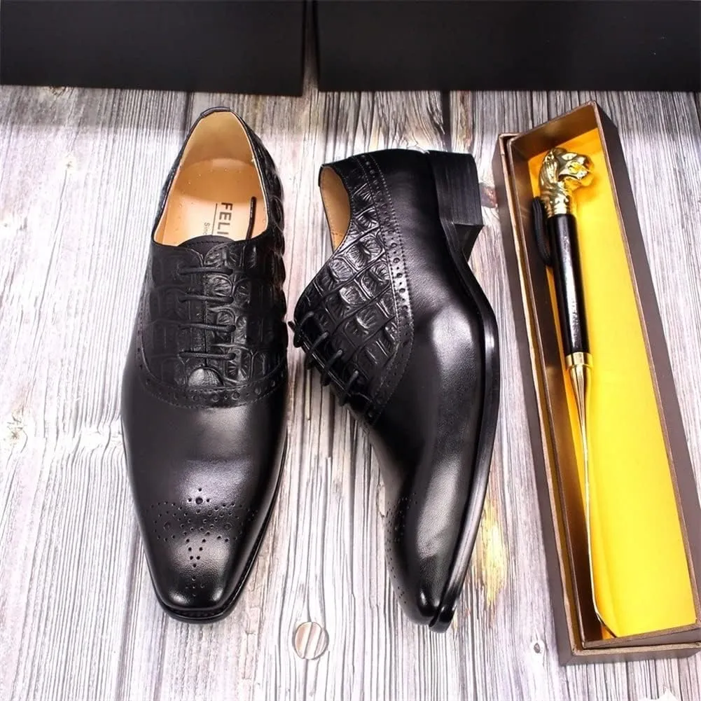 Single Season Formal Dress Shoes for Men Lace Up Brogue Embossed Crocodile Embossed Square Toe Cowhide Block Heel Anti-Slip Resistant Non Slip Prom Very Popular Among Young People