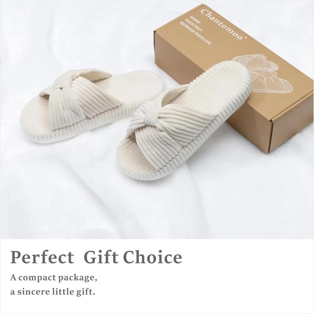 Slippers for Women Memory Foam House Bedroom Corduroy Bow Crossbands Slide Slipper Shoes Comfy Trendy Gift Slippers