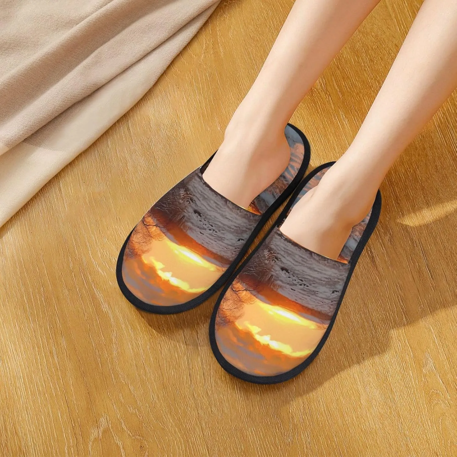 Sunset and snow Furry House Slippers for Women Men Soft Fuzzy Slippers Indoor Casual Plush House Shoes