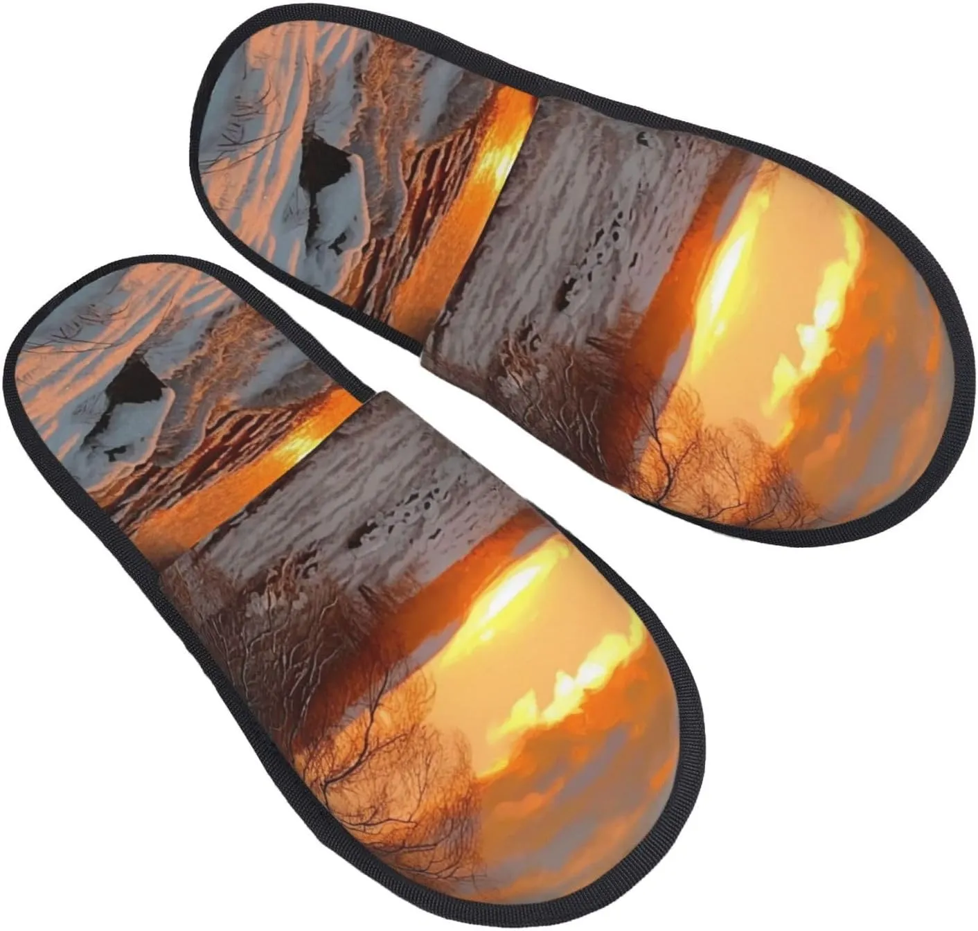 Sunset and snow Furry House Slippers for Women Men Soft Fuzzy Slippers Indoor Casual Plush House Shoes