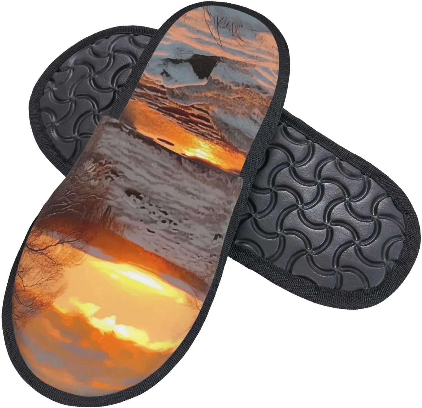 Sunset and snow Furry House Slippers for Women Men Soft Fuzzy Slippers Indoor Casual Plush House Shoes