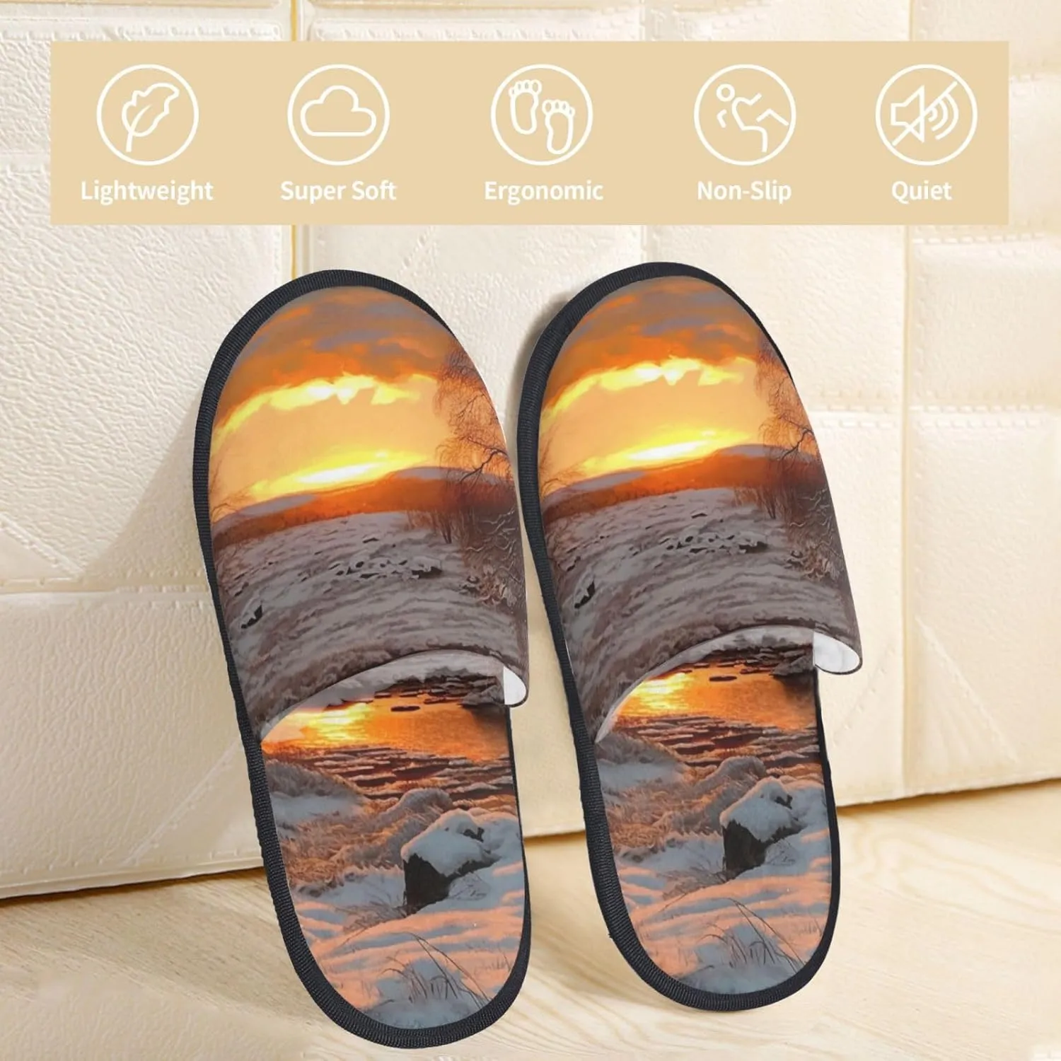 Sunset and snow Furry House Slippers for Women Men Soft Fuzzy Slippers Indoor Casual Plush House Shoes