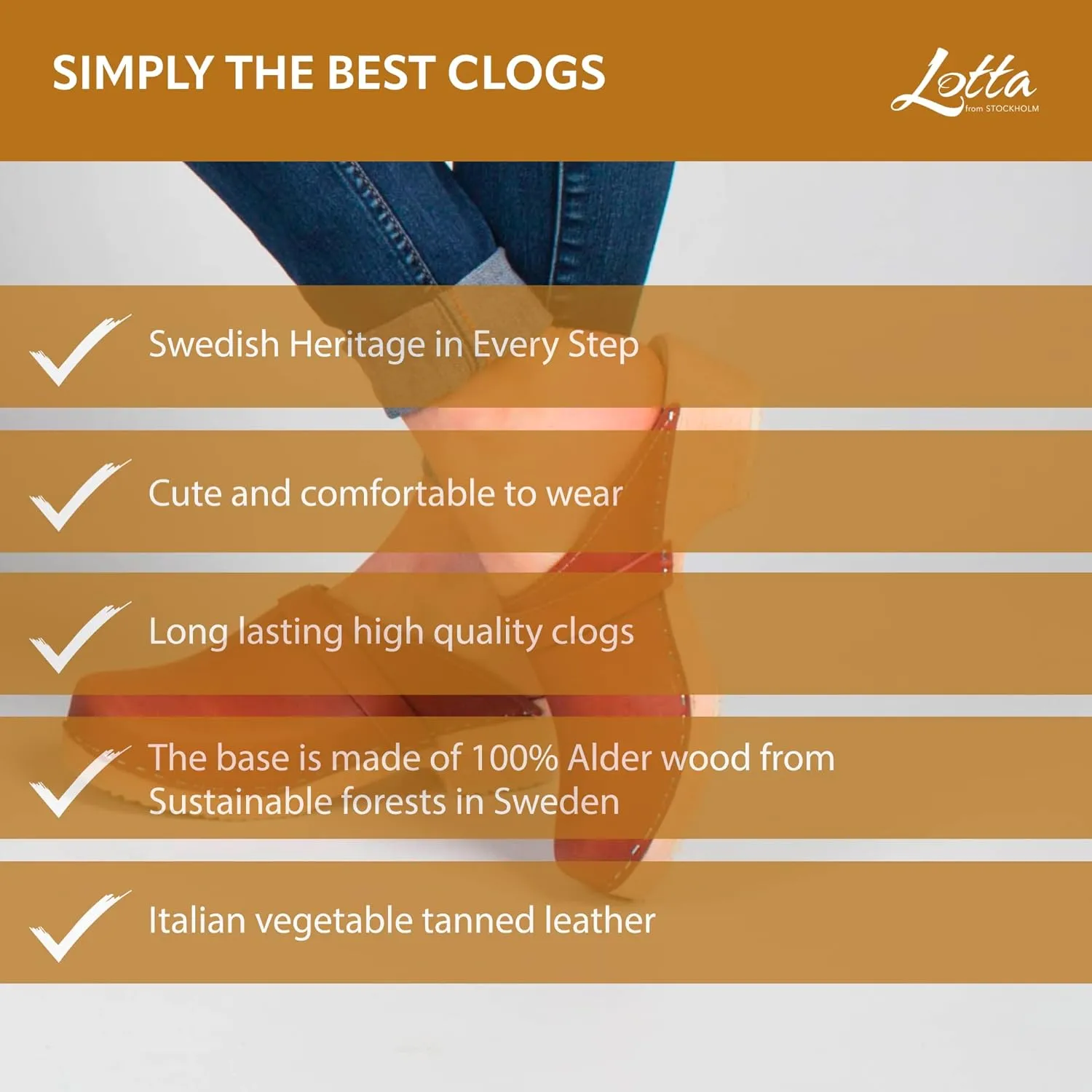 Swedish Classic Mule Clog - Tan Leather Clogs for Women I Supportive and Comfortable Wooden Clog with 2 inch Heel & 3/4 inch Platform