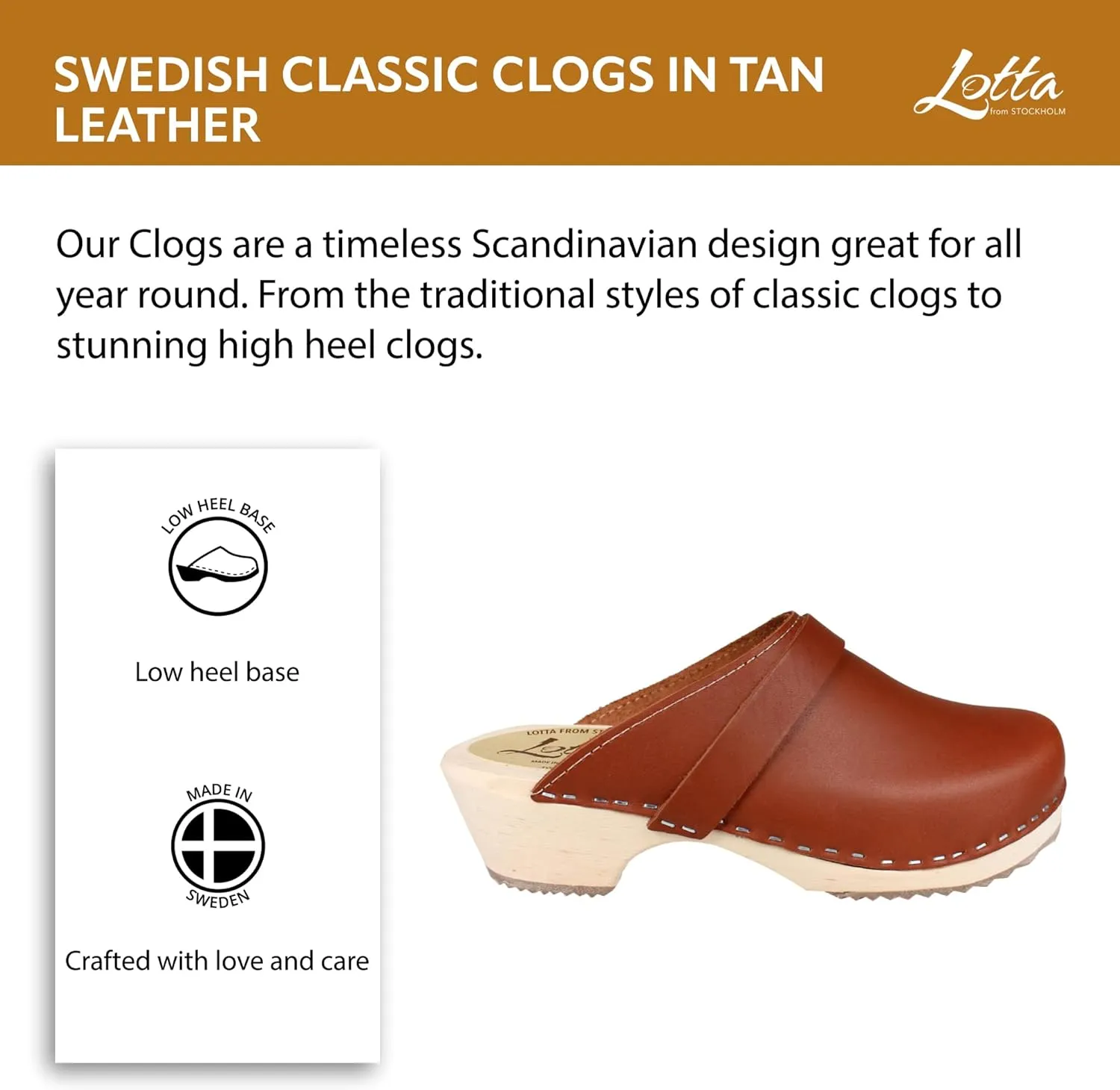 Swedish Classic Mule Clog - Tan Leather Clogs for Women I Supportive and Comfortable Wooden Clog with 2 inch Heel & 3/4 inch Platform