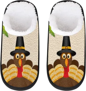 Thanksgiving Turkey Fall Leaves Travel Plush Slipper for Women Men, Turkey Oil Painting Warm Shoes Non-slip Cotton Plush Shoes Indoor Winter Slippers Soft Memory Foam Slipper with Faux Fur Lining