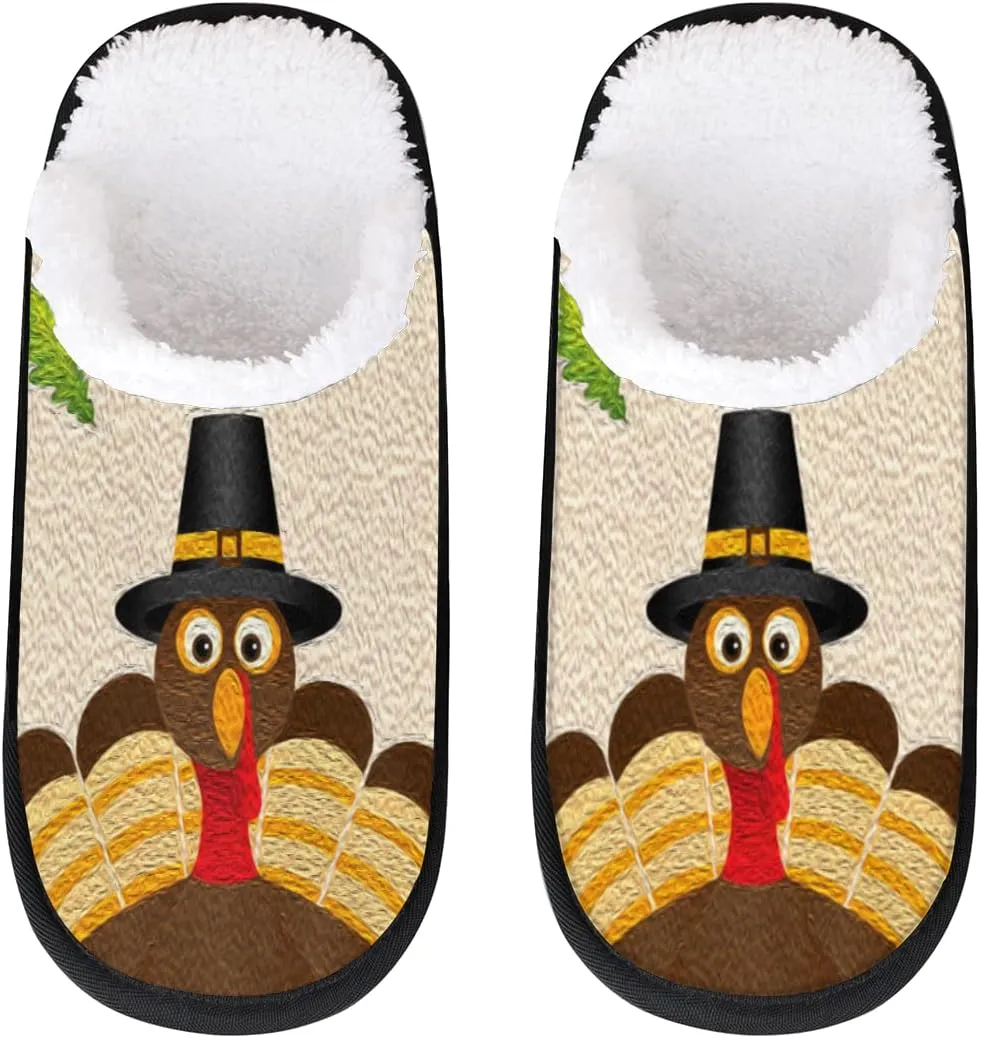 Thanksgiving Turkey Fall Leaves Travel Plush Slipper for Women Men, Turkey Oil Painting Warm Shoes Non-slip Cotton Plush Shoes Indoor Winter Slippers Soft Memory Foam Slipper with Faux Fur Lining
