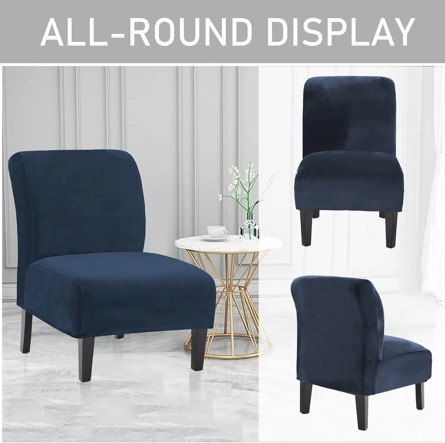 UCCONO Armless Accent Chair Slipcovers, Thick Velvet Slipper Accent Chair Covers for Living Room Oversized Big Chairs, Removable Furniture Protector with Elastic Bottom, Machine Washable (Navy)