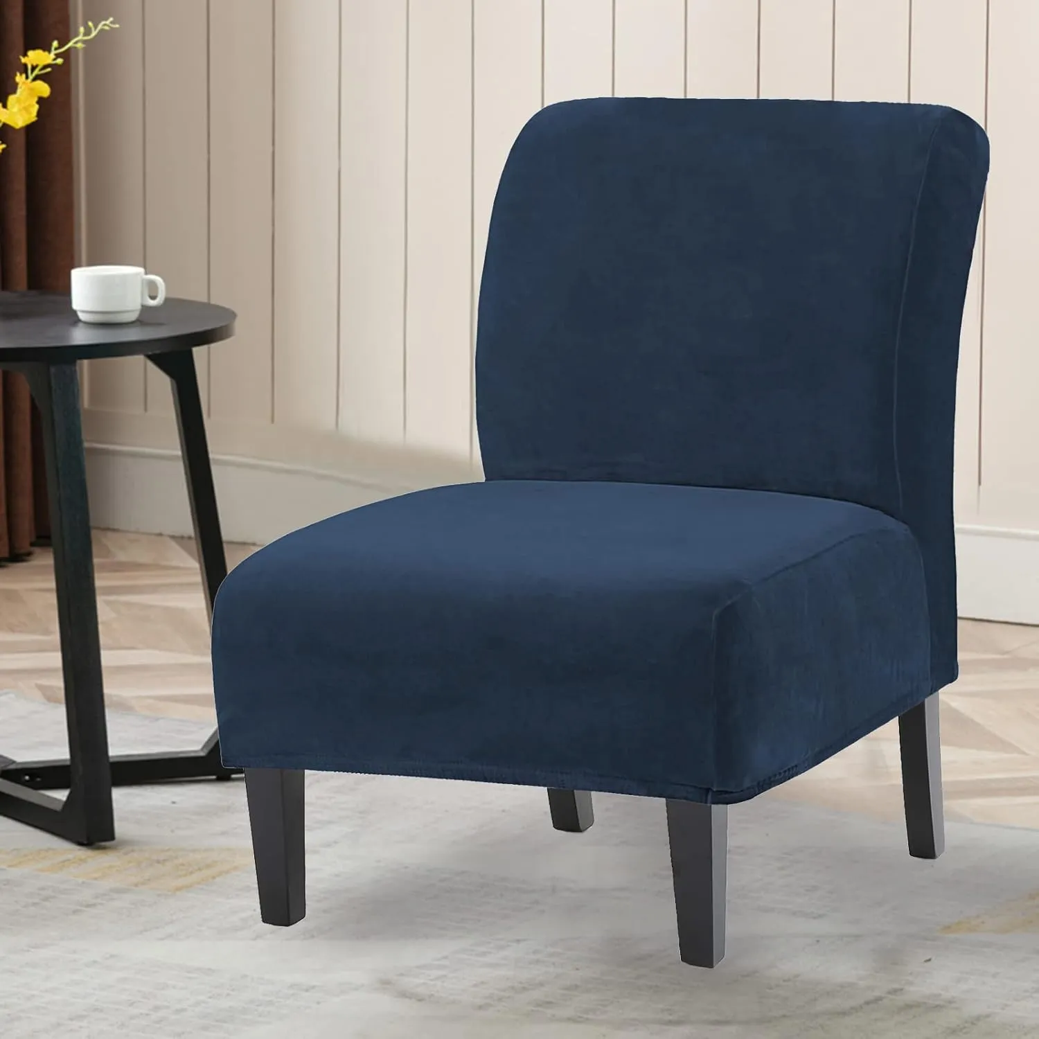 UCCONO Armless Accent Chair Slipcovers, Thick Velvet Slipper Accent Chair Covers for Living Room Oversized Big Chairs, Removable Furniture Protector with Elastic Bottom, Machine Washable (Navy)