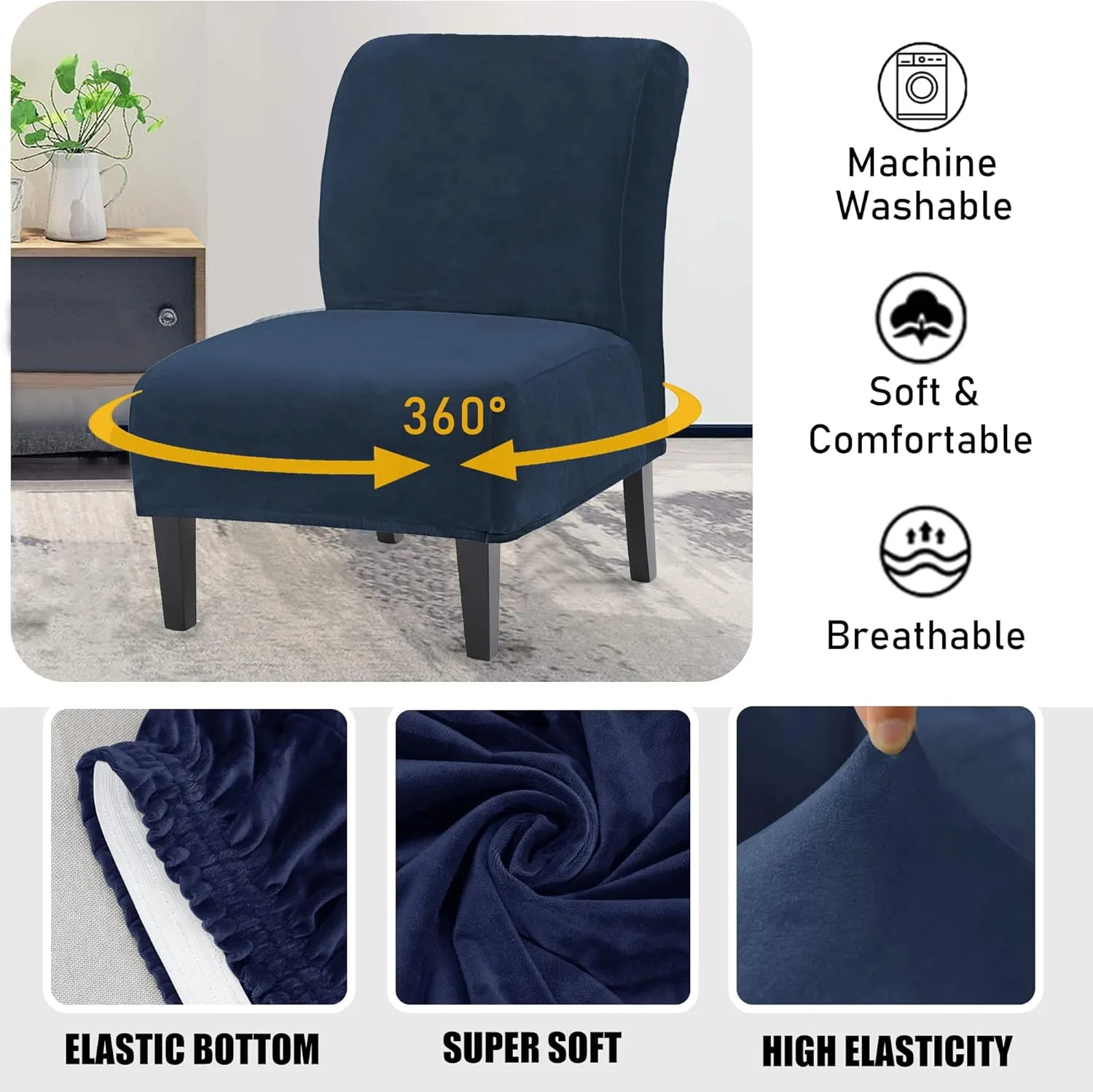 UCCONO Armless Accent Chair Slipcovers, Thick Velvet Slipper Accent Chair Covers for Living Room Oversized Big Chairs, Removable Furniture Protector with Elastic Bottom, Machine Washable (Navy)