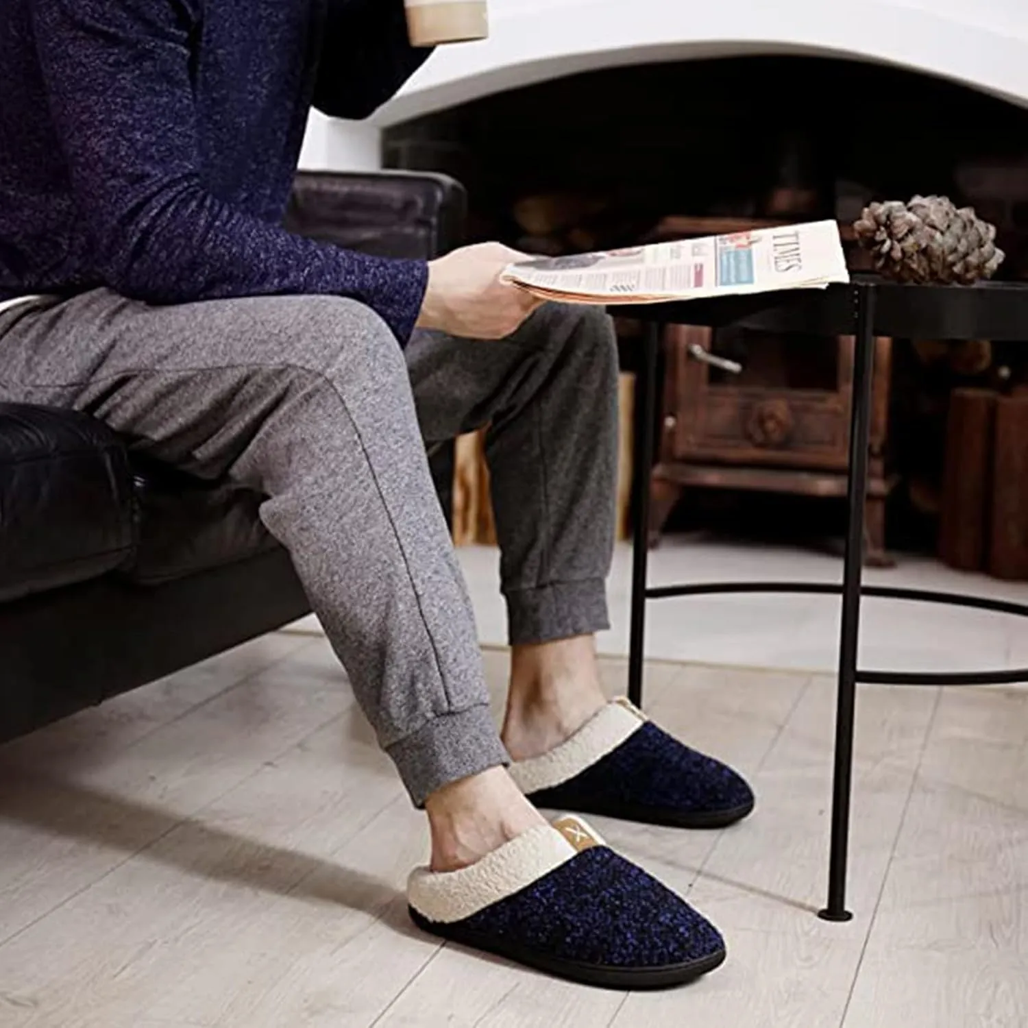 ULTRAIDEAS Mens Slip On Slippers, Sherpa Lined House Shoes with Memory Foam for Indoor Outdoor, Machine Washable