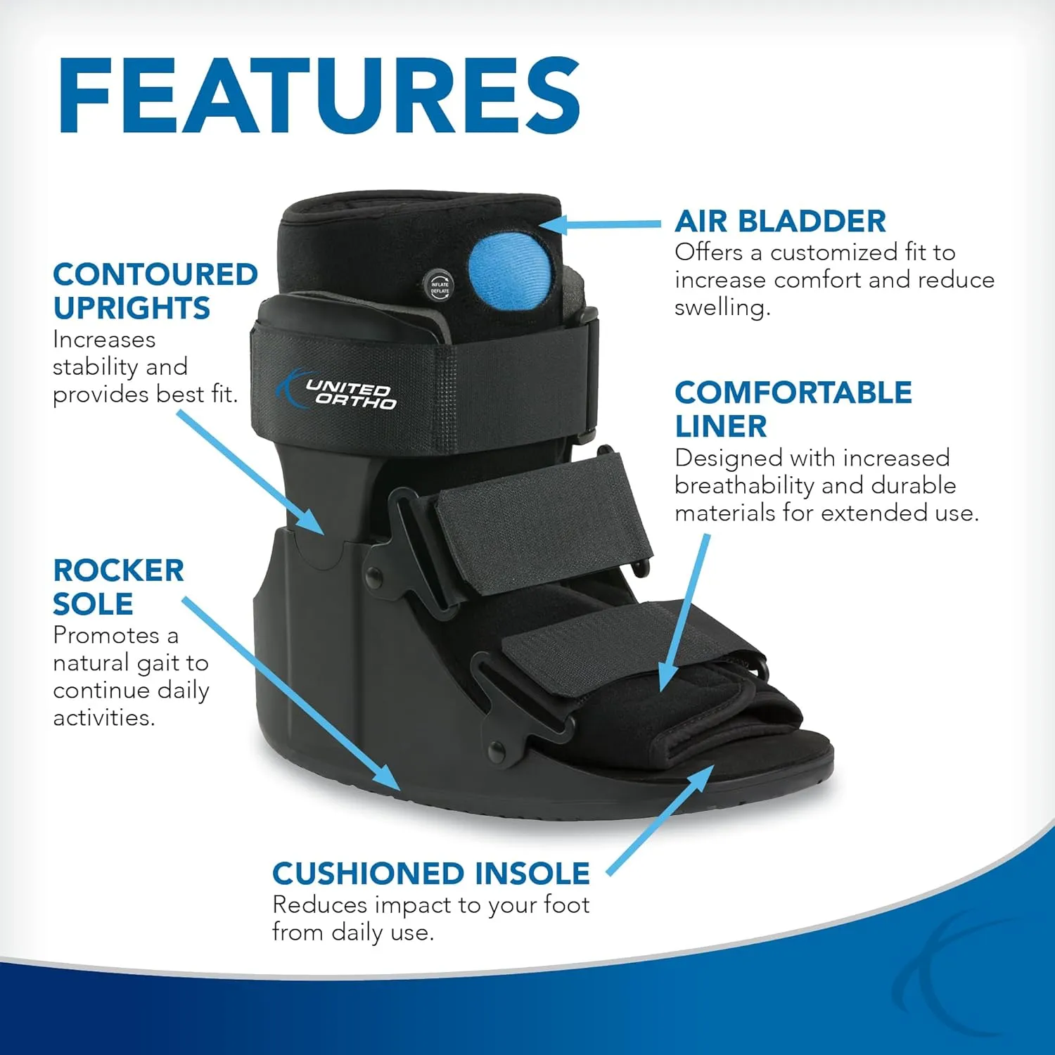 United Ortho Short Air Cam Walker Fracture Boot, Large, Black