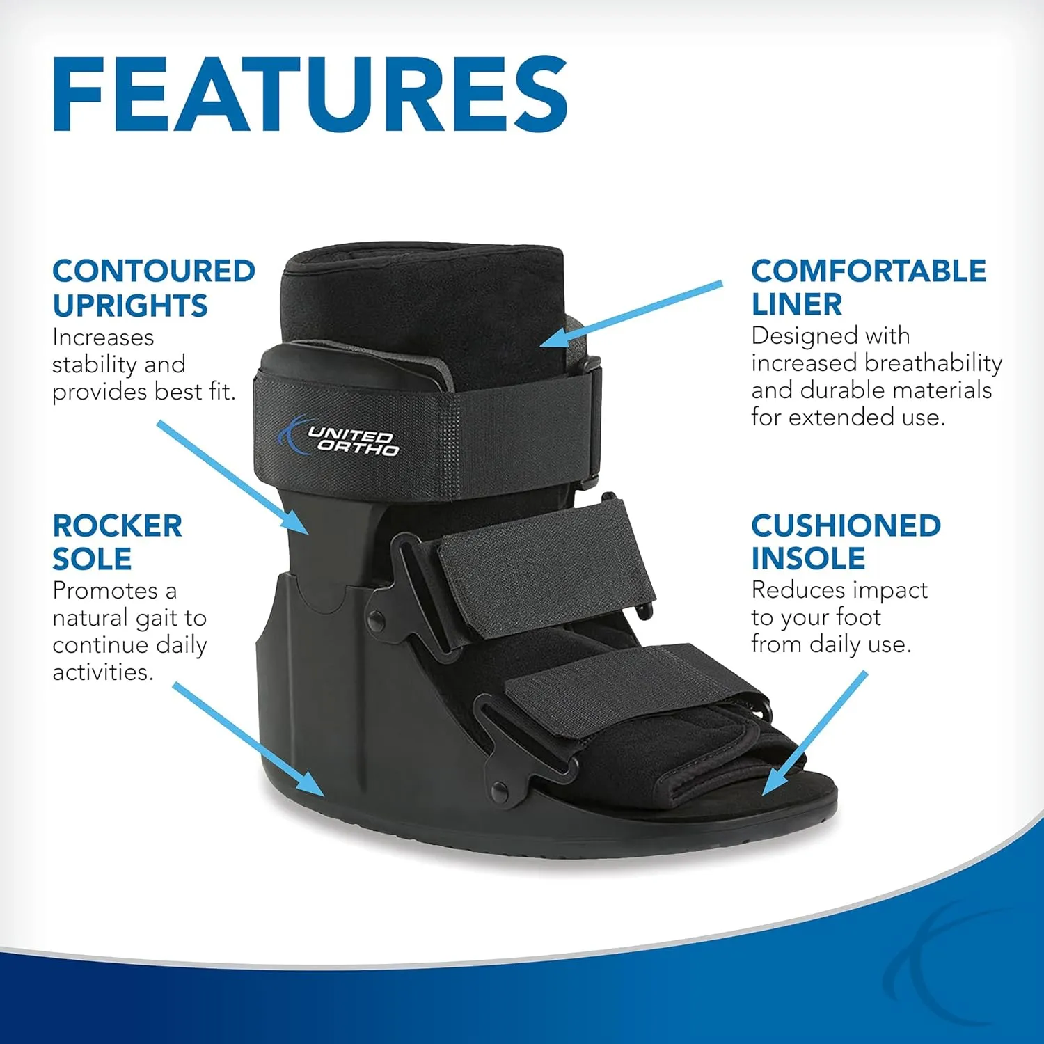 United Ortho Short Cam Walker Fracture Boot, Extra Large, Black