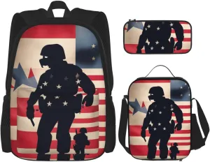 Us Military Soldiers Patriotic Memorial Day Print Travel Backpack Set,Stylish 600d Oxford Fabric,Insulated Lunch Bag,And Cosmetic Pouch