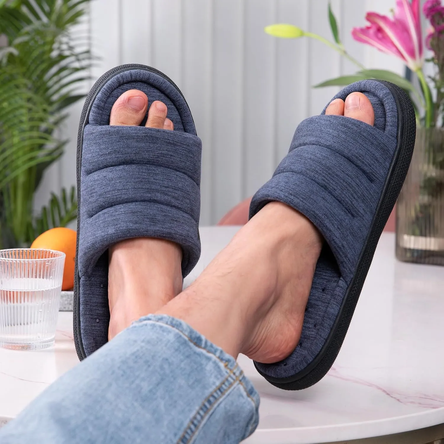 VeraCosy Mens Open-Toe Slippers Memory Foam Indoor Outdoor House Shoes