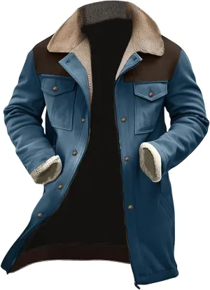 Vintage Suede Pocket Plush Reversed Collar Mens Outdoor Jacket Coat Retro Fashion Tops Warm Winter Shacket Outerwear