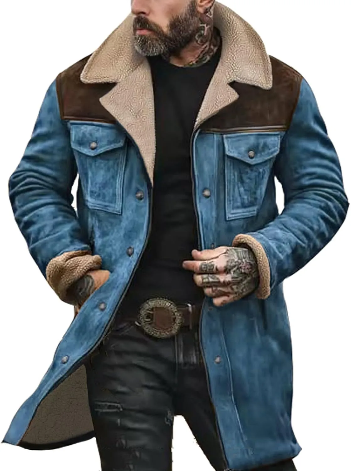 Vintage Suede Pocket Plush Reversed Collar Mens Outdoor Jacket Coat Retro Fashion Tops Warm Winter Shacket Outerwear