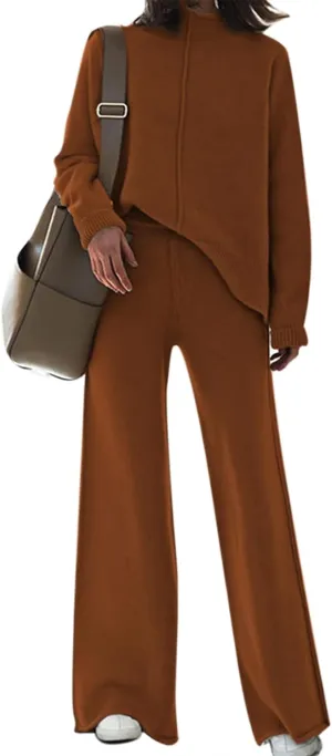 Viottiset Women's 2 Piece Outfits Sweater Set Wide Leg Pants High Neck Sweatsuit Loungewear