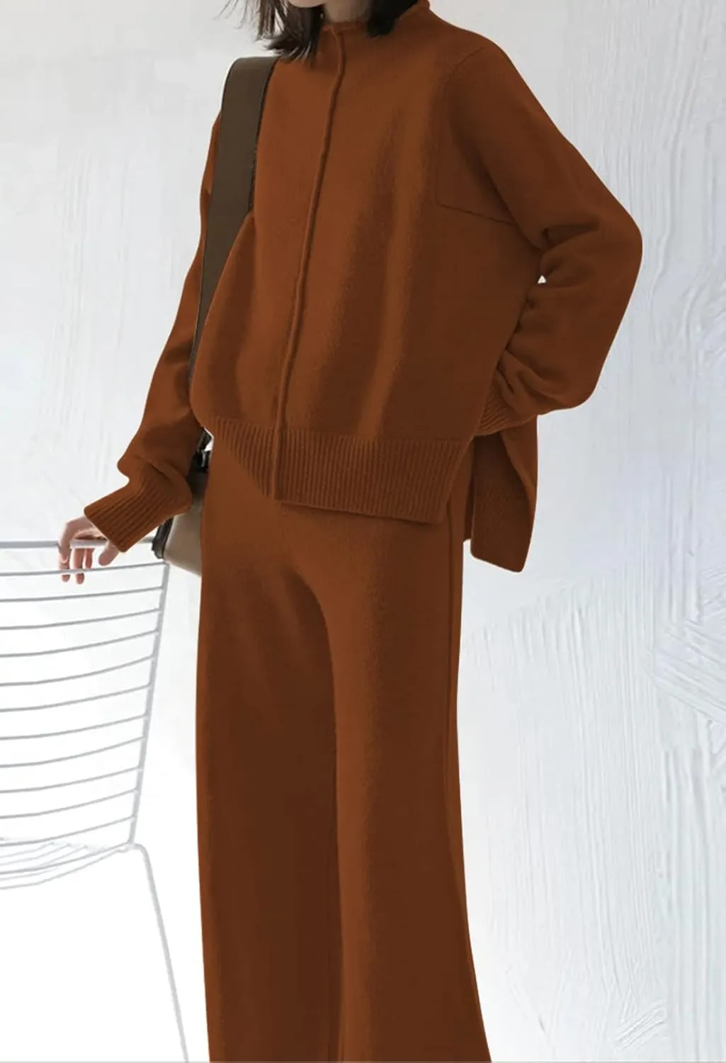 Viottiset Women's 2 Piece Outfits Sweater Set Wide Leg Pants High Neck Sweatsuit Loungewear