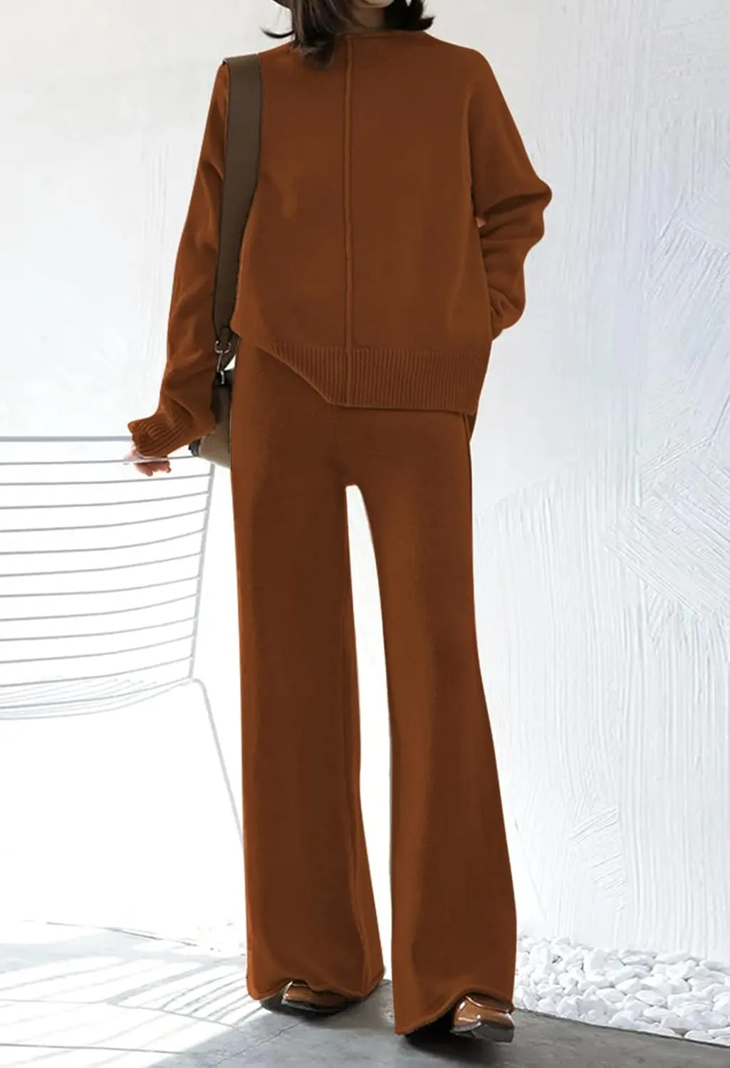 Viottiset Women's 2 Piece Outfits Sweater Set Wide Leg Pants High Neck Sweatsuit Loungewear