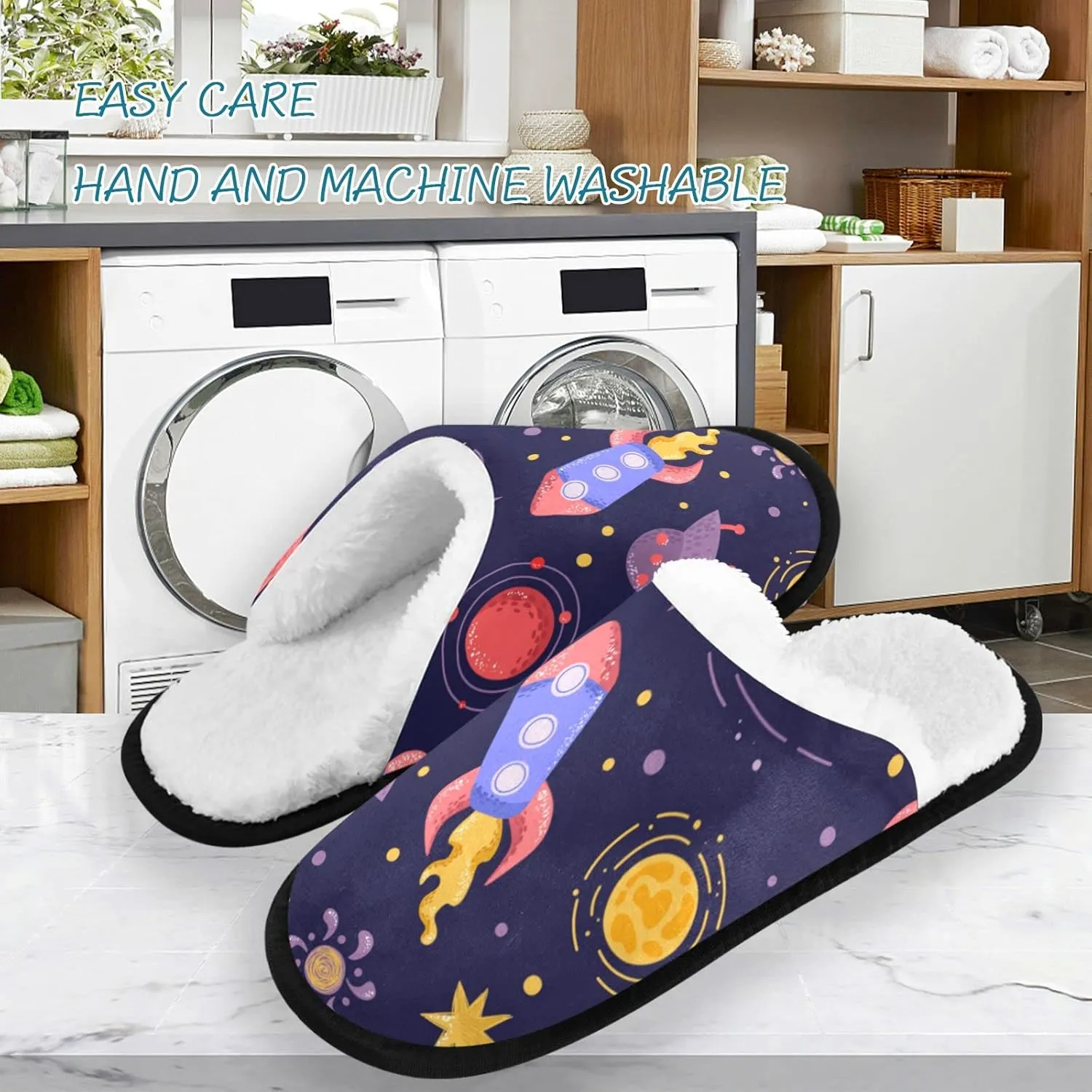 visesunny Rocket in Space Star Planet Meteorites Cozy Fuzzy Mens Womens Memory Foam House Slippers Plush Fleece Indoor Outdoor Slipper