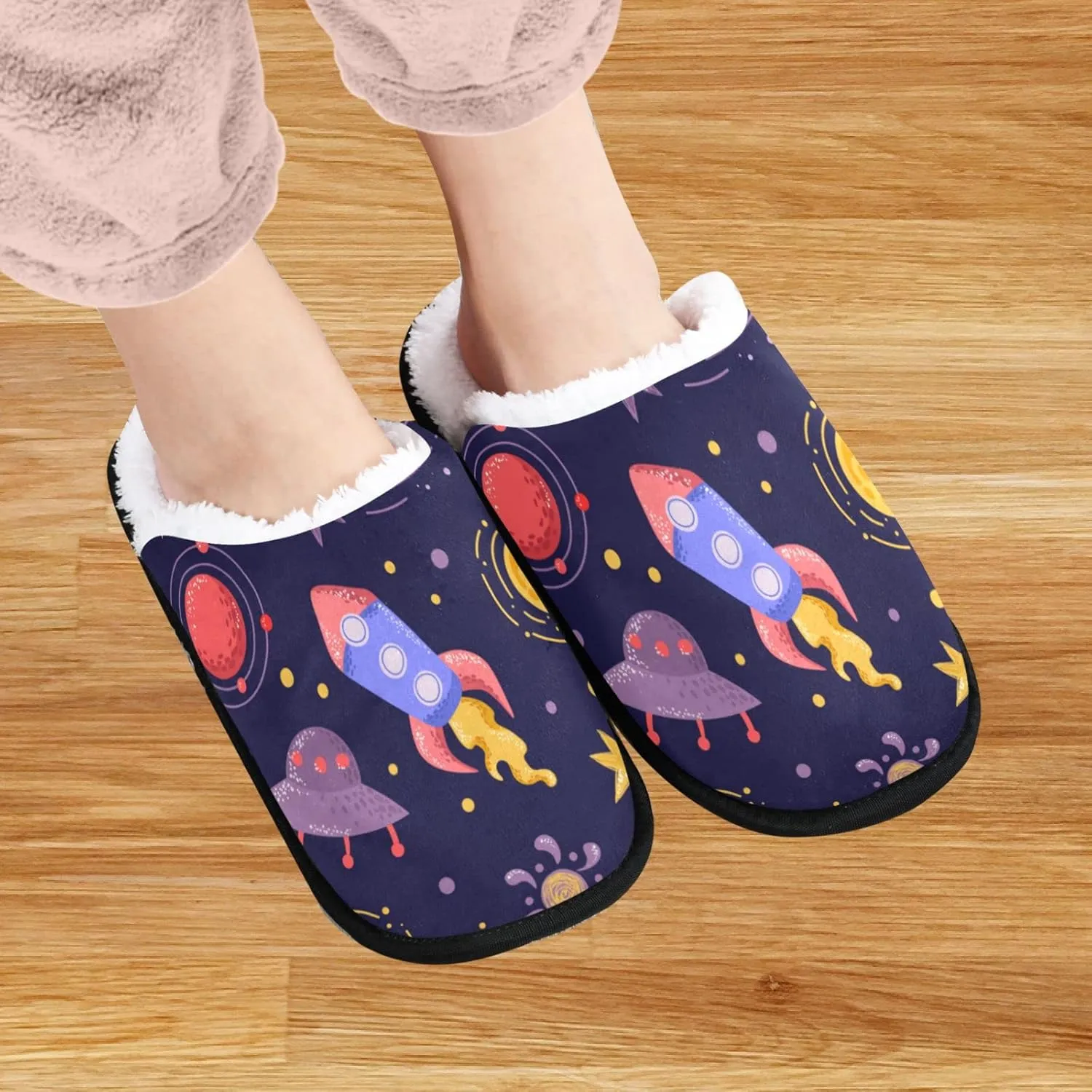 visesunny Rocket in Space Star Planet Meteorites Cozy Fuzzy Mens Womens Memory Foam House Slippers Plush Fleece Indoor Outdoor Slipper