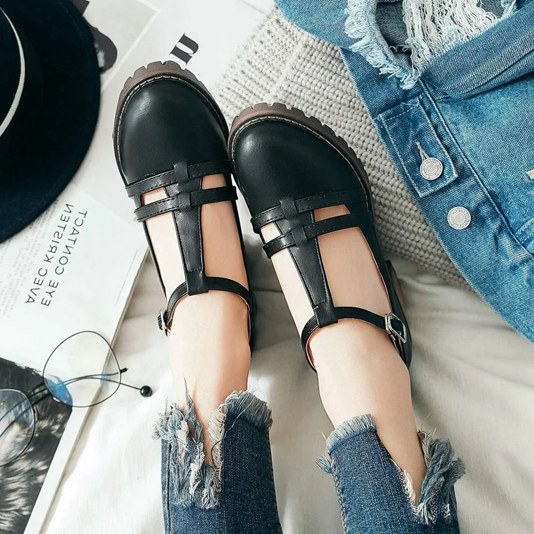 VOKLIN Women's T-Strap Mary Jane Pumps Round Toe Platform Chunky Mid Heels Vintage Brogue Dress Oxford Shoes
