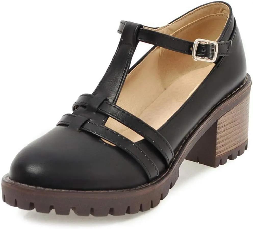 VOKLIN Women's T-Strap Mary Jane Pumps Round Toe Platform Chunky Mid Heels Vintage Brogue Dress Oxford Shoes