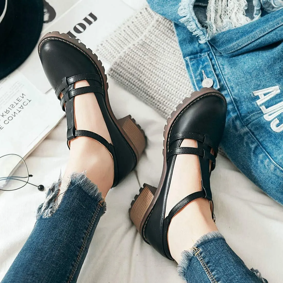 VOKLIN Women's T-Strap Mary Jane Pumps Round Toe Platform Chunky Mid Heels Vintage Brogue Dress Oxford Shoes