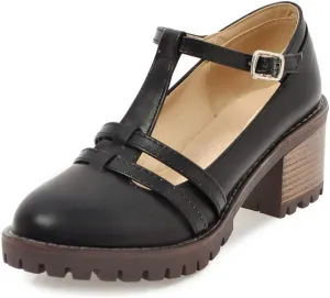 VOKLIN Women's T-Strap Mary Jane Pumps Round Toe Platform Chunky Mid Heels Vintage Brogue Dress Oxford Shoes