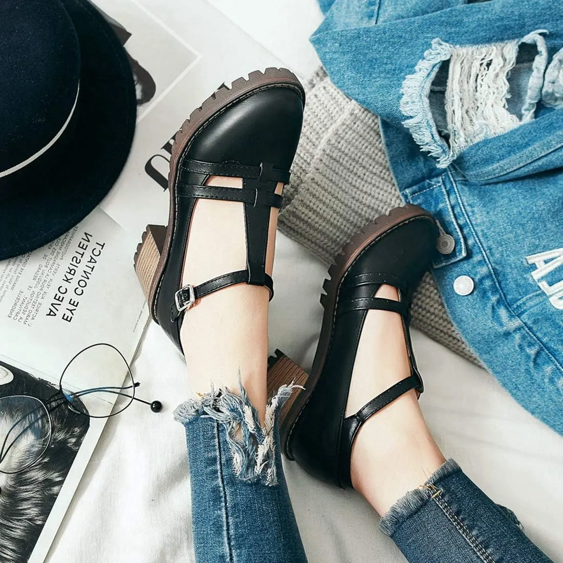 VOKLIN Women's T-Strap Mary Jane Pumps Round Toe Platform Chunky Mid Heels Vintage Brogue Dress Oxford Shoes