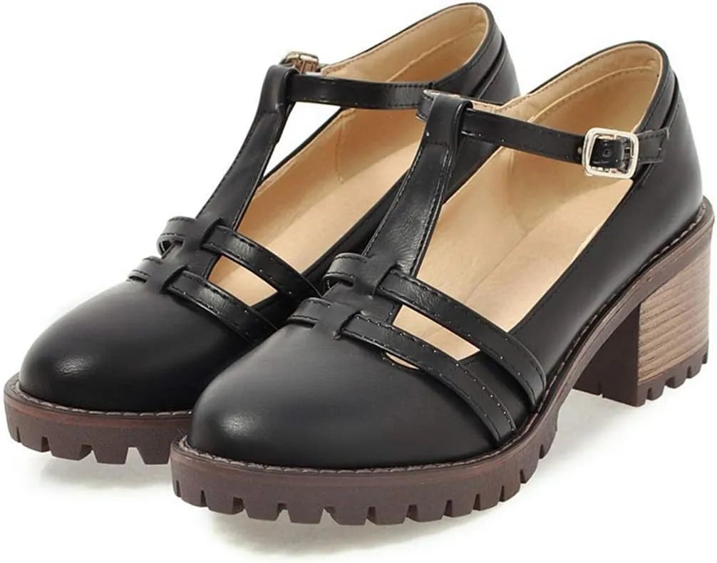 VOKLIN Women's T-Strap Mary Jane Pumps Round Toe Platform Chunky Mid Heels Vintage Brogue Dress Oxford Shoes