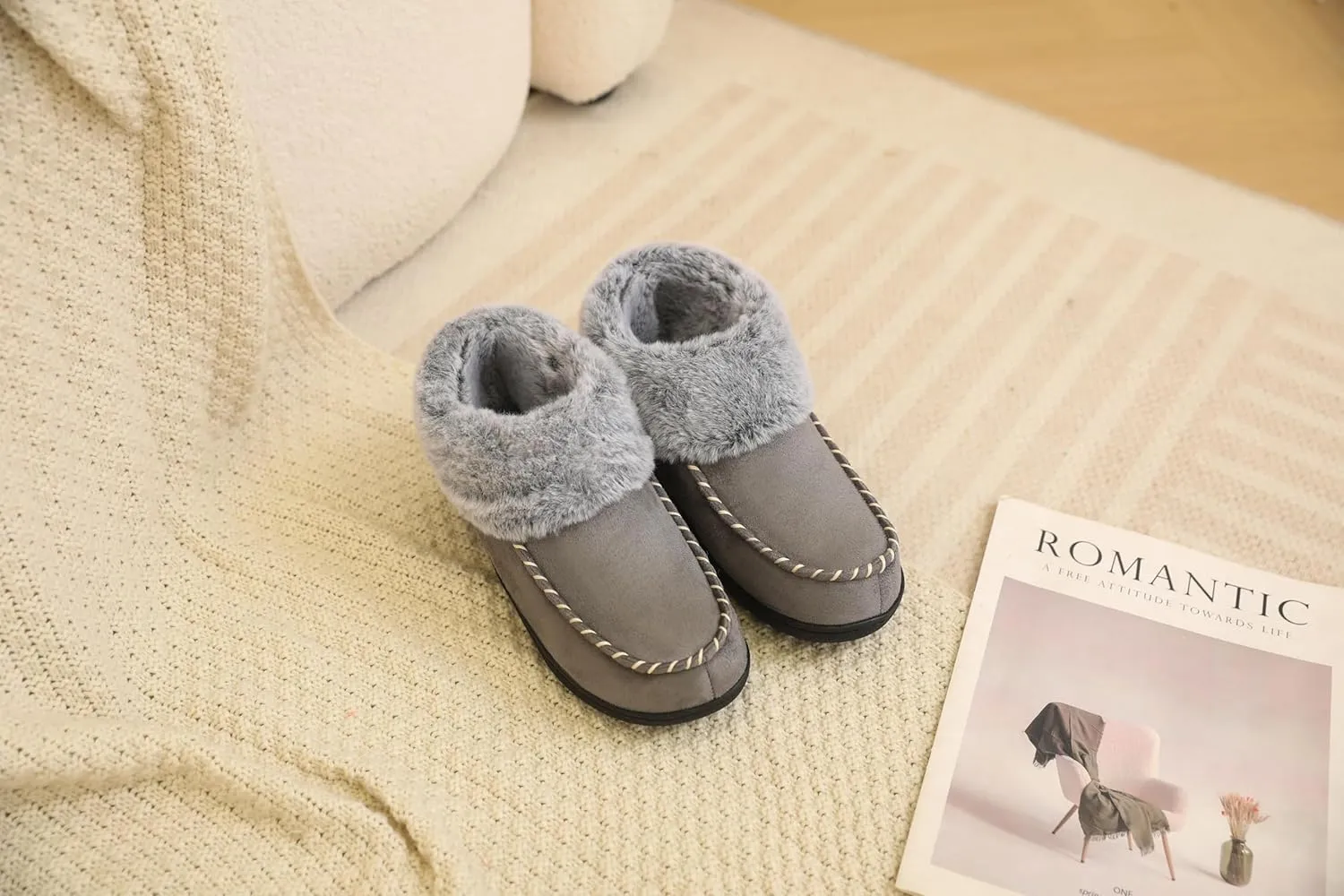 VONMAY Women's Bootie Slippers Suede Moccasin Boots Fuzzy Plush Faux Fur House Shoes Winter Warm Memory Foam Non-slip Indoor Outdoor